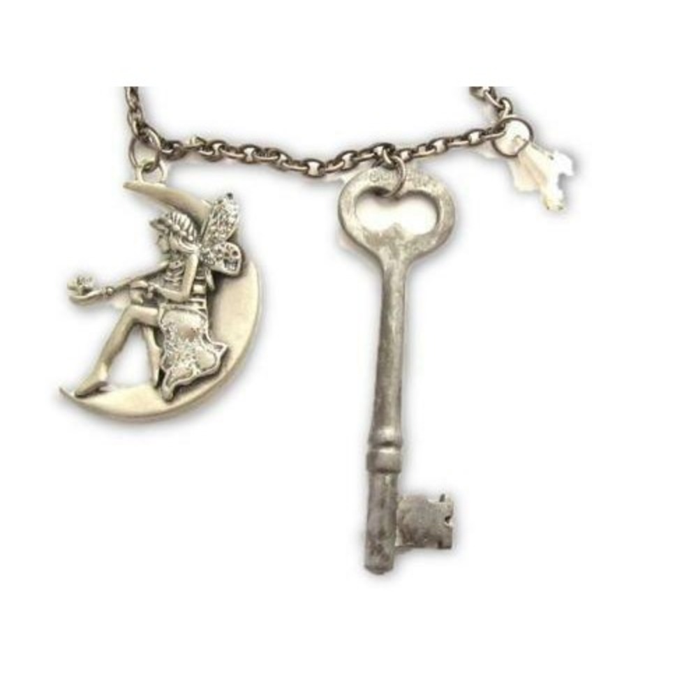 Antique Style Skeleton Key, Fairy, Crystal‎ Charm Pendant Chain Necklace